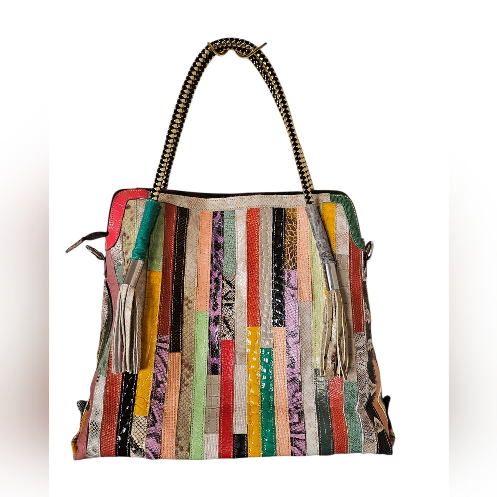 Multicolor Mixed Media Patchwork Striped Leather … - image 1